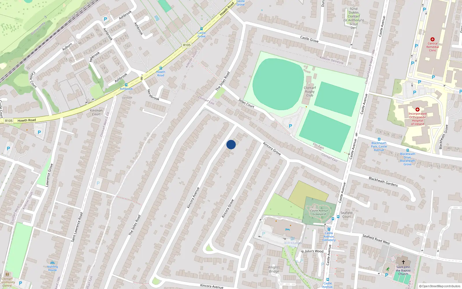 Overhead map showing the location of 106 Kincora Avenue, Clontarf, Dublin 3