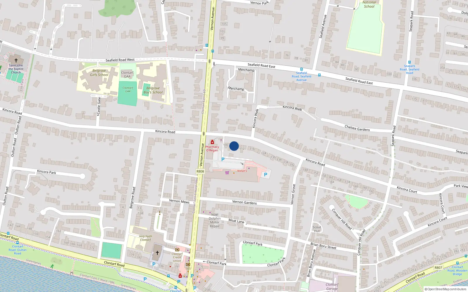 Overhead map showing the location of 106 Kincora Road, Clontarf, Dublin 3