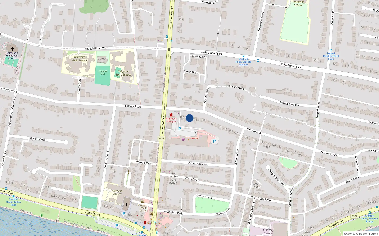 Overhead map showing the location of 106 Kincora Road, Clontarf