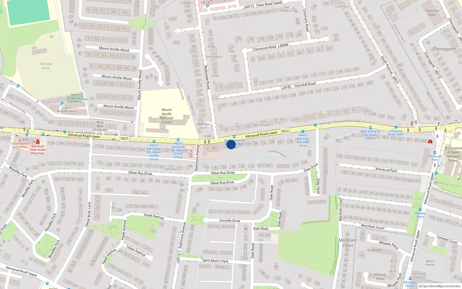 Overhead map showing the location of 106 Lower Kilmacud Road, Dublin