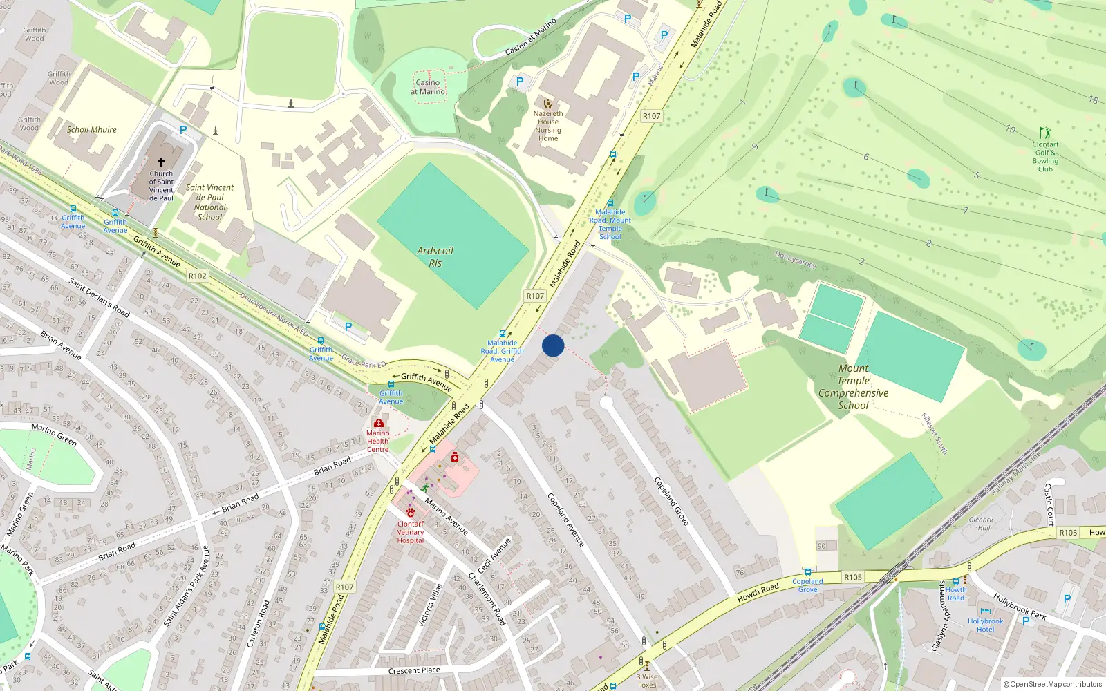 Overhead map showing the location of 106 Malahide Road, Dublin 3