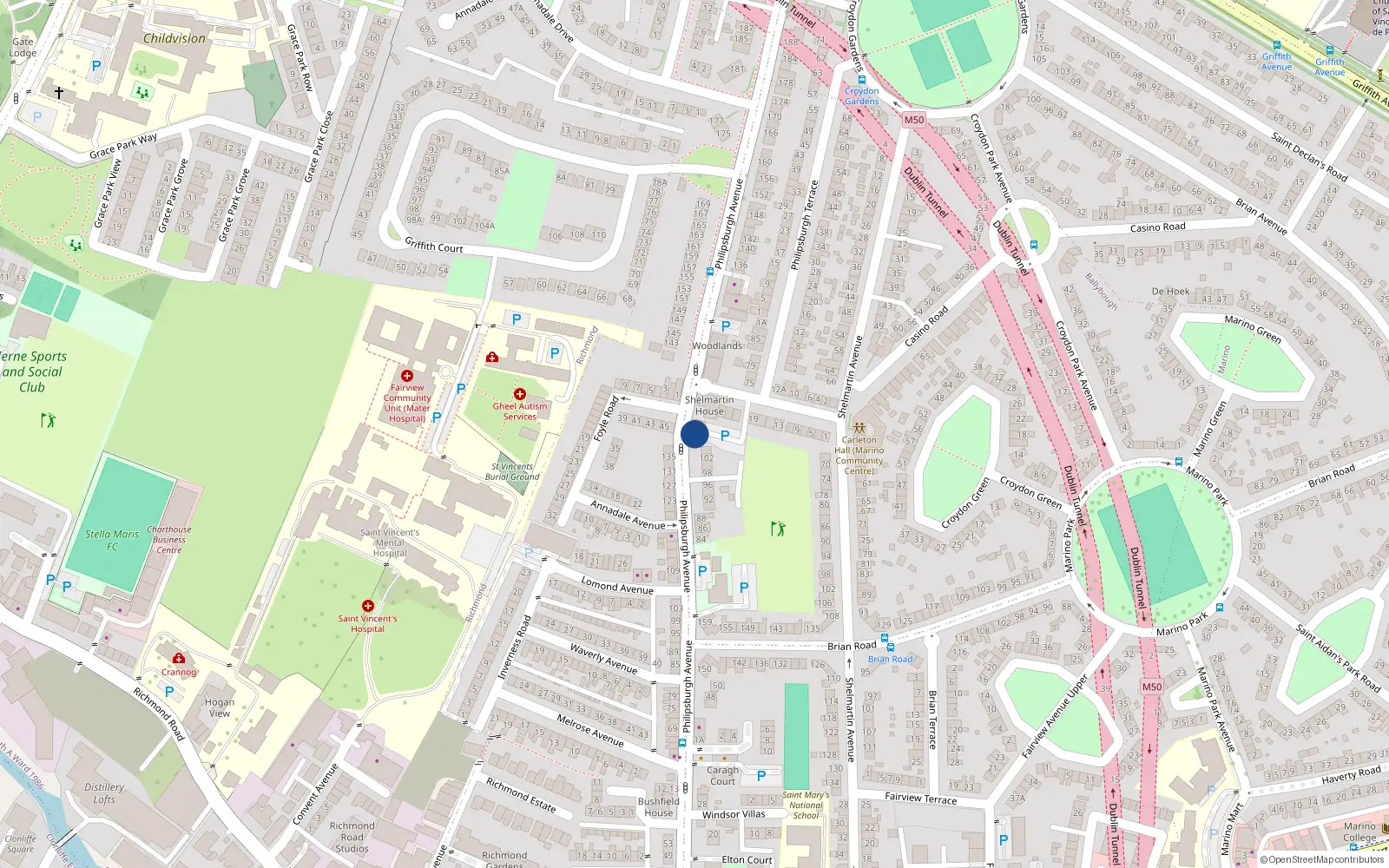 Overhead map showing the location of 106 Philisburgh Avenue, Fairview, Dublin 3