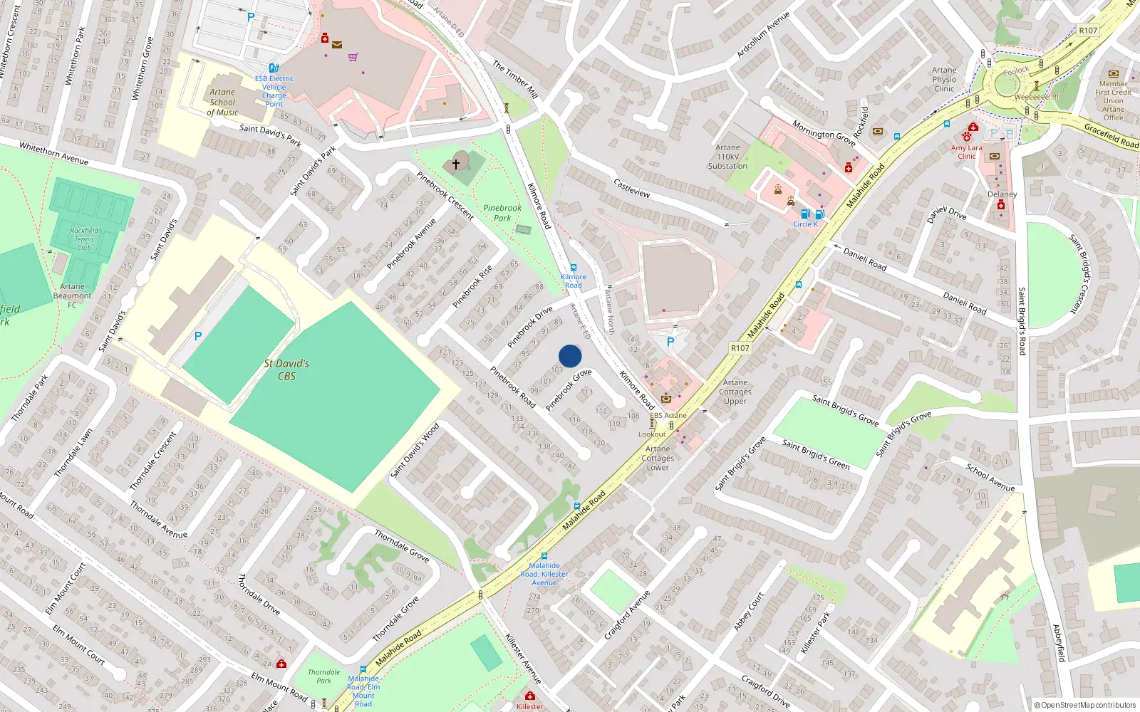 Overhead map showing the location of 106 Pinebrook Grove, Dublin 5