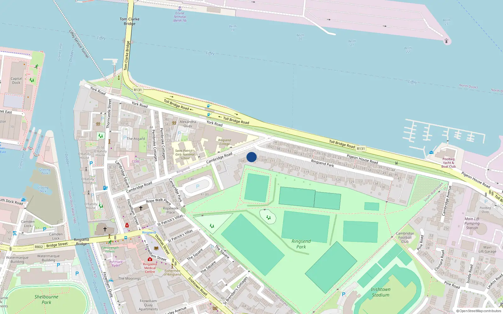 Overhead map showing the location of 106 Ringsend Park, Dublin 4