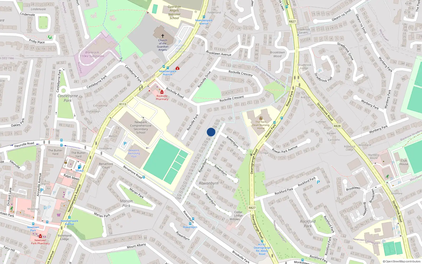 Overhead map showing the location of 106 Rowanbyrn, Blackrock