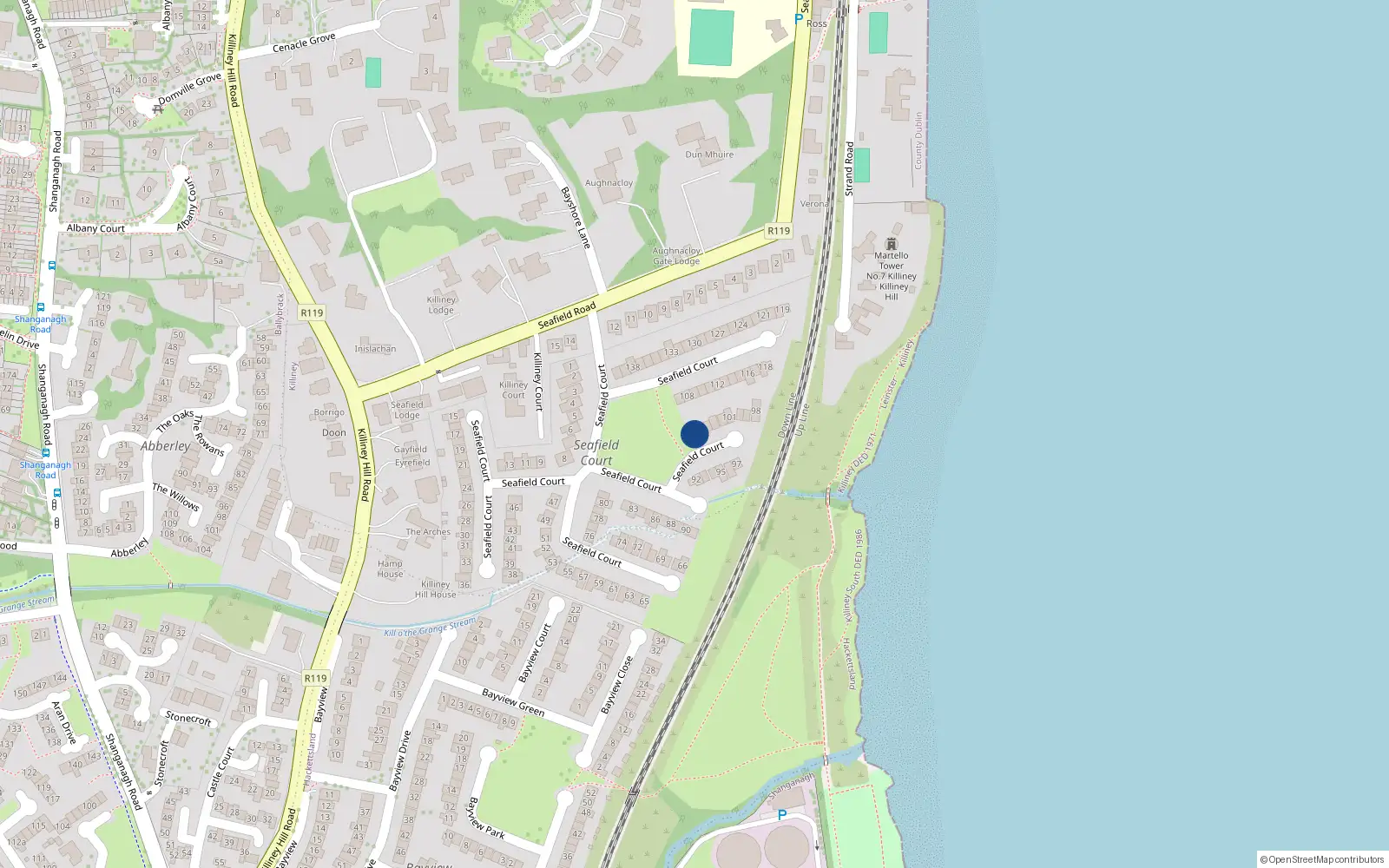 Overhead map showing the location of 106 Seafield Court, Killiney