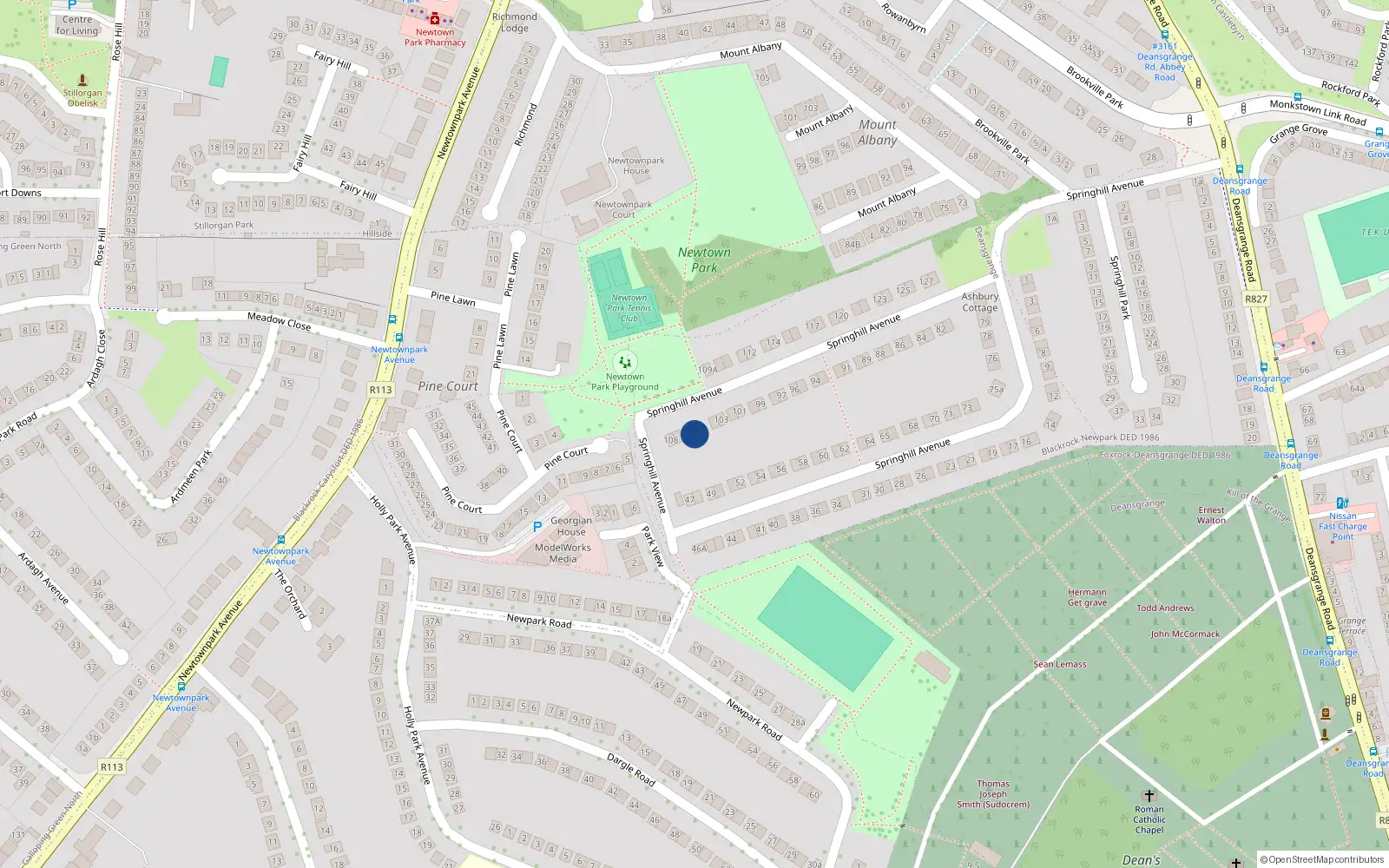 Overhead map showing the location of 106 Springhill Avenue, Blackrock