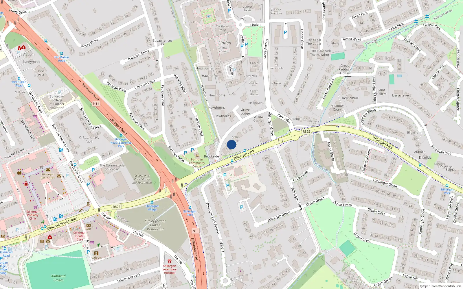 Overhead map showing the location of 106 Stillorgan Grove, Dublin