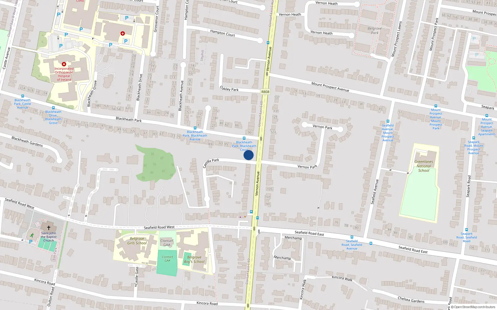 Overhead map showing the location of 106 Vernon Avenue, Clontarf, Dublin 3