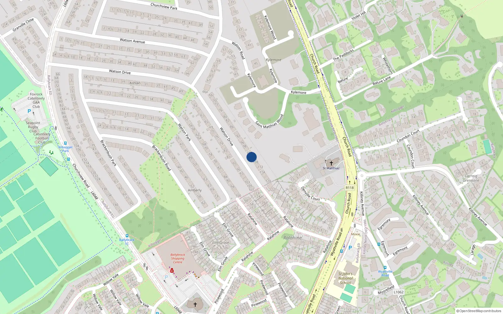 Overhead map showing the location of 106 Watson Drive, Killiney