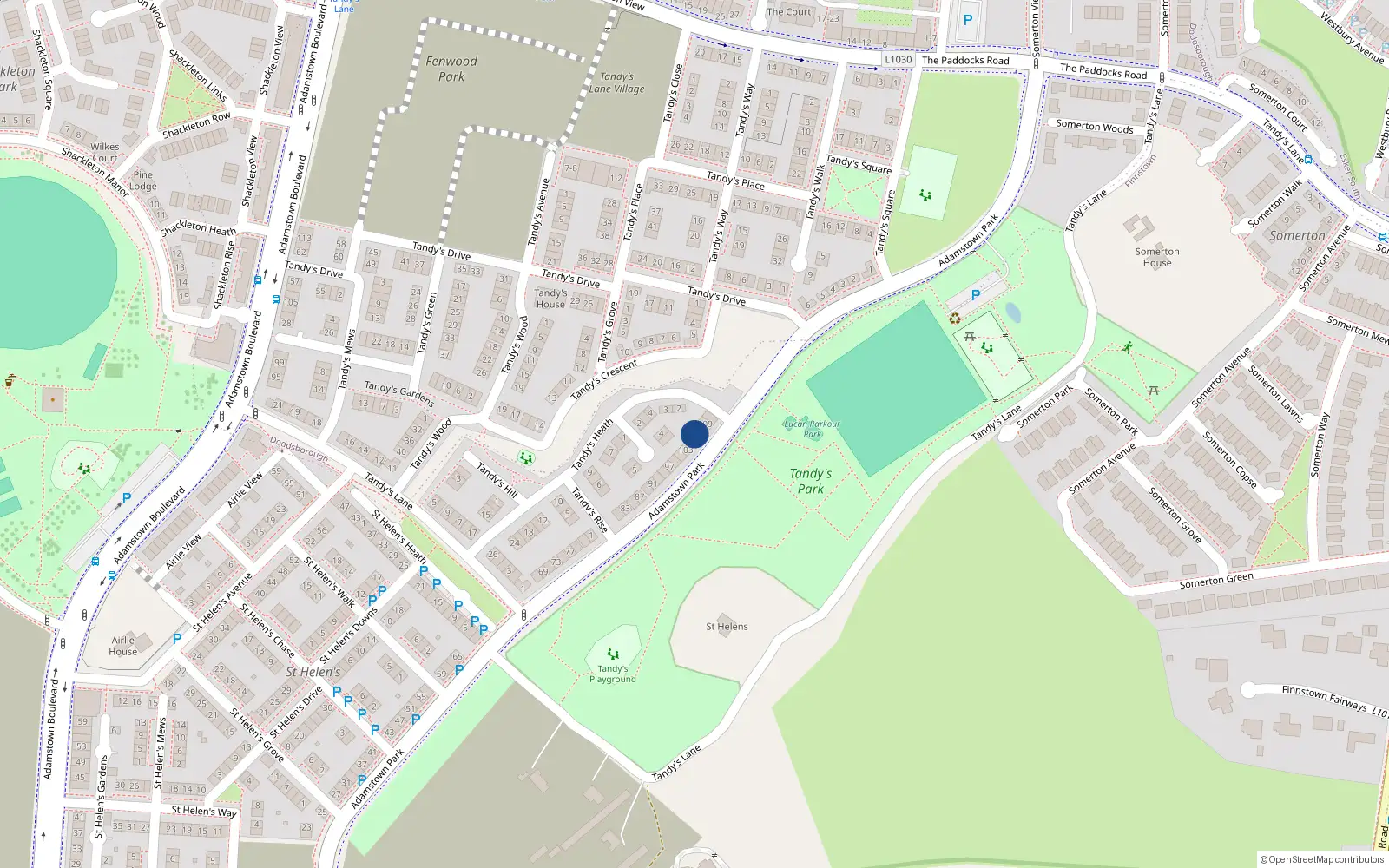 Overhead map showing the location of 107 Adamstown Park, Lucan