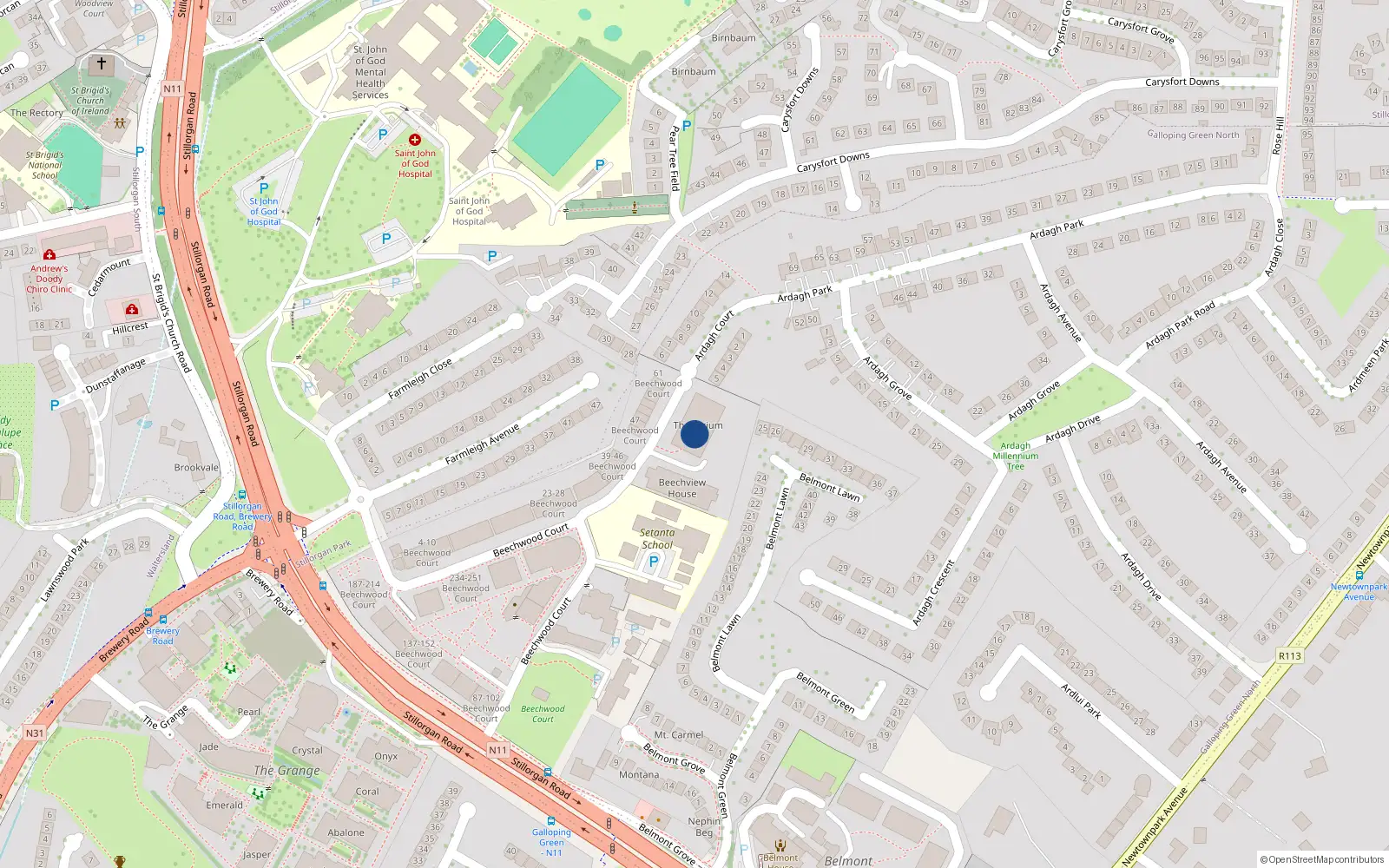 Overhead map showing the location of 107 Beechwood Court, Dublin