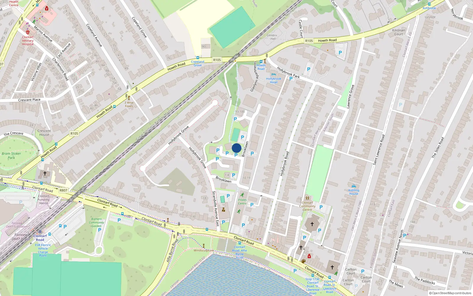 Overhead map showing the location of 107 Brooklawn, Clontarf, Dublin 3