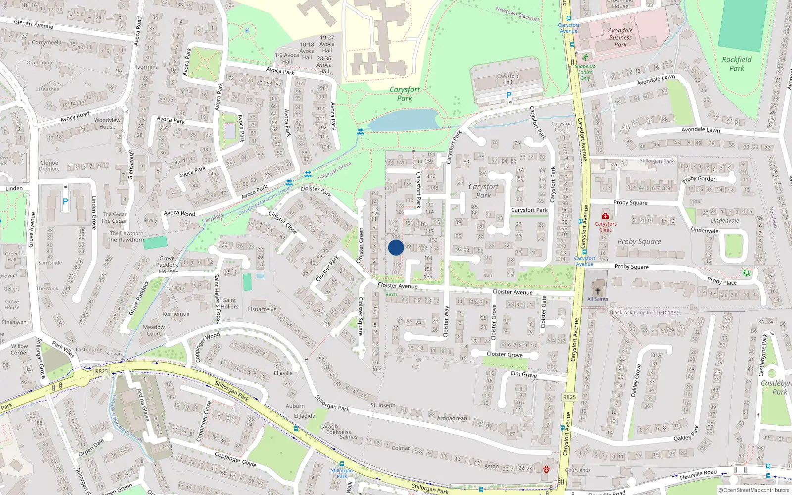 Overhead map showing the location of 107 Carysfort Park, Blackrock, Dublin