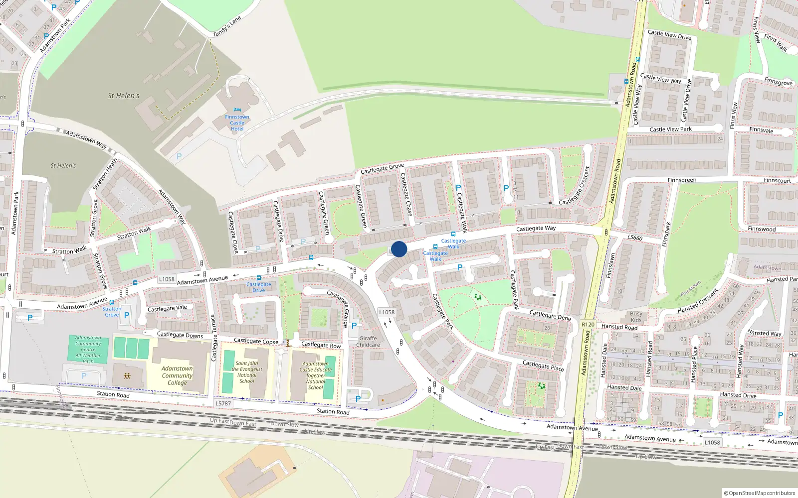 Overhead map showing the location of 107 Castlegate Way, Lucan