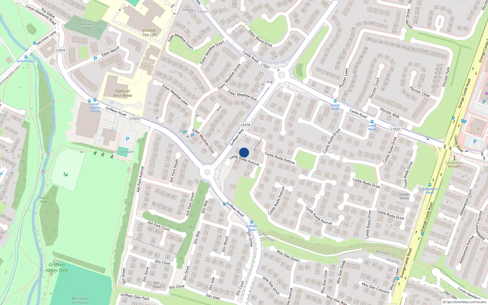 Overhead map showing the location of 107 Castle Riada Avenue, Lucan
