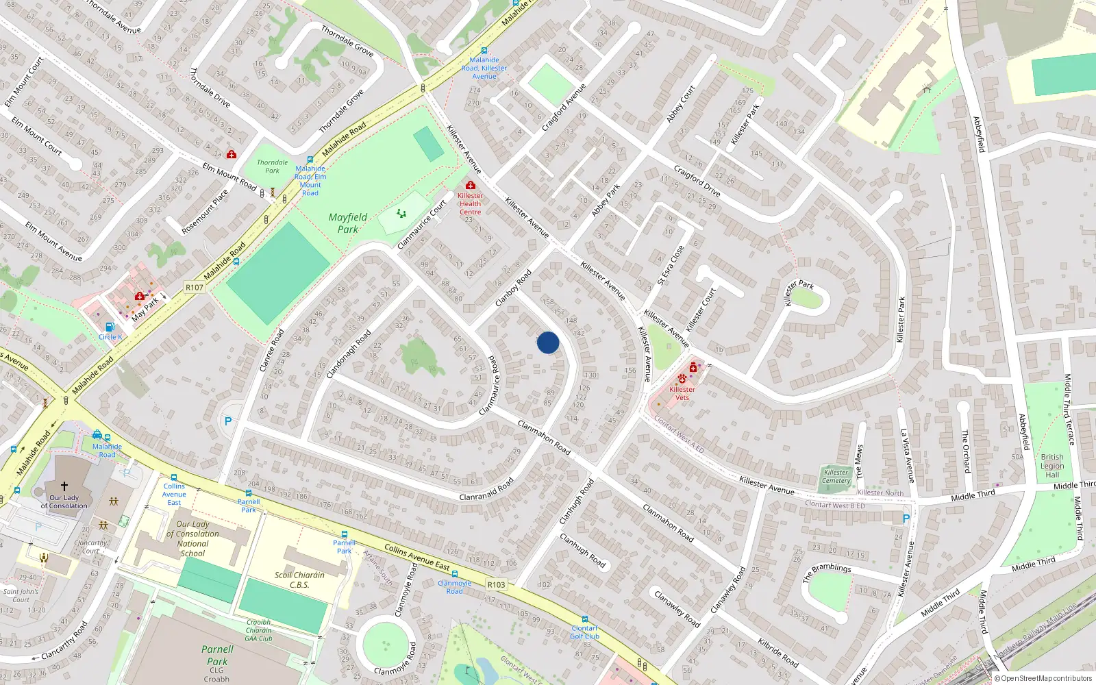 Overhead map showing the location of 107 Clanranald Road, Dublin 5