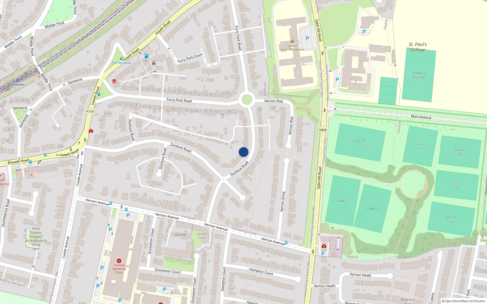 Overhead map showing the location of 107 Dunluce Road, Dublin 3
