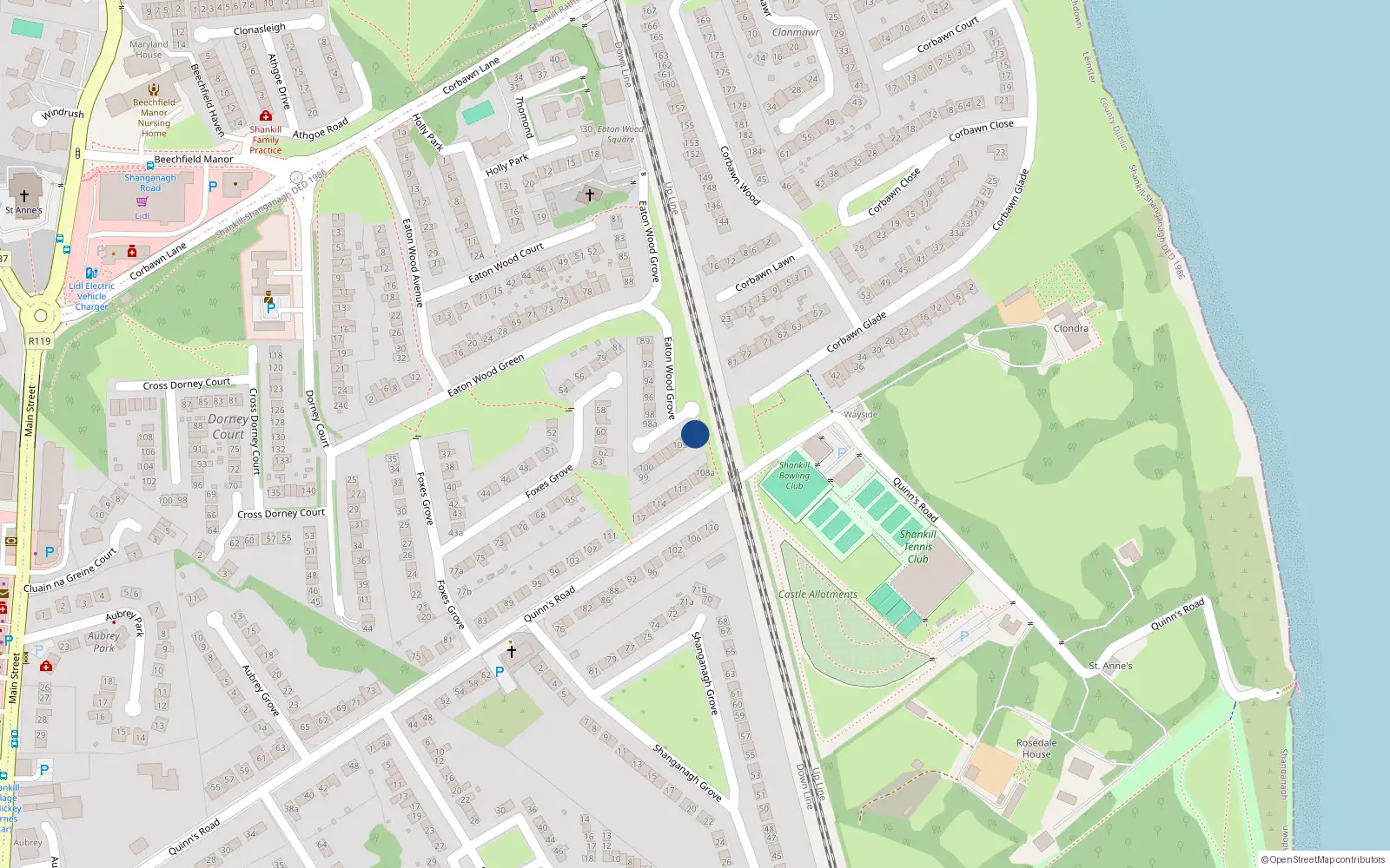 Overhead map showing the location of 107 Eaton Wood Grove, Dublin 18