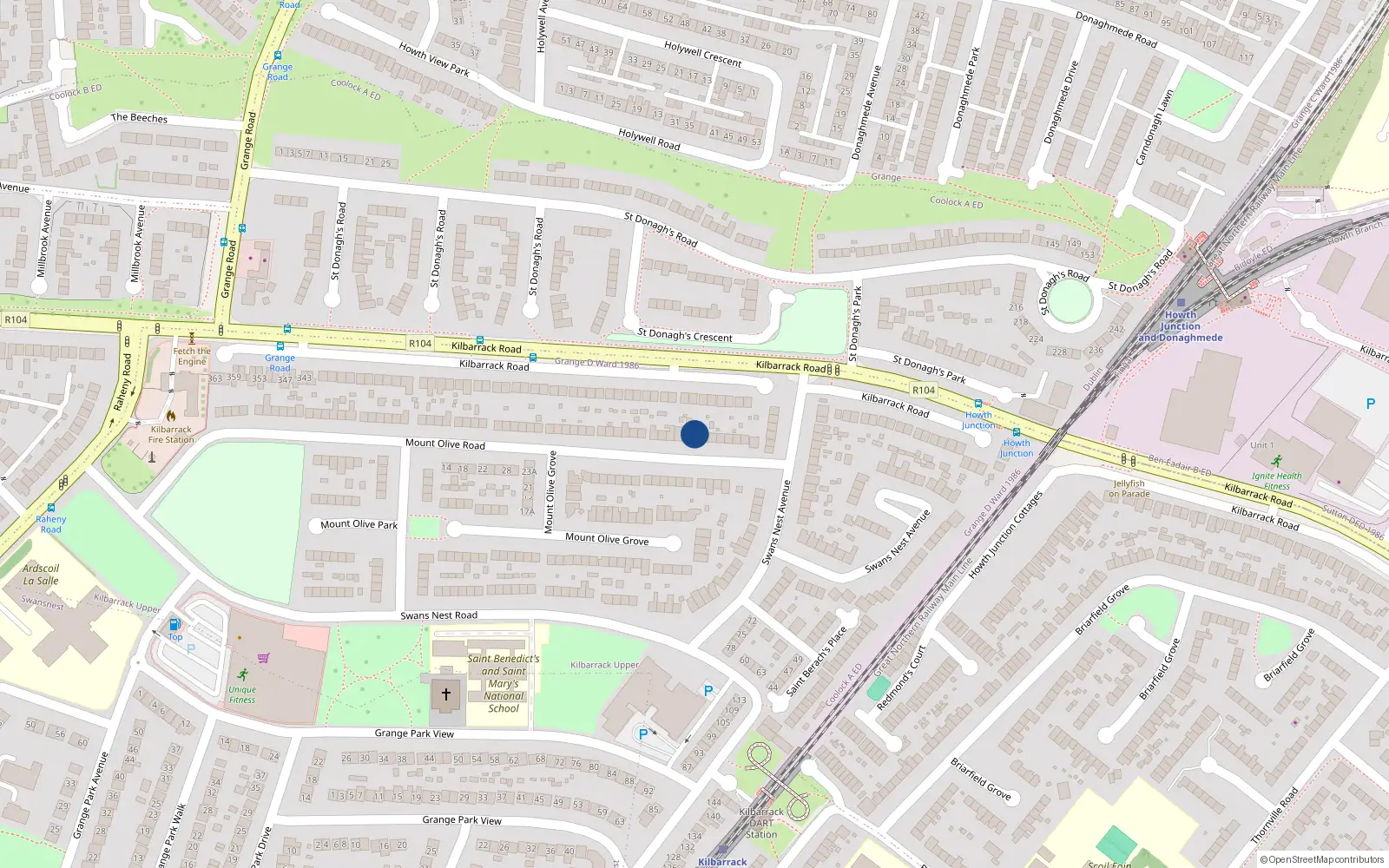 Overhead map showing the location of 107 Mount Olive Road, Dublin 5