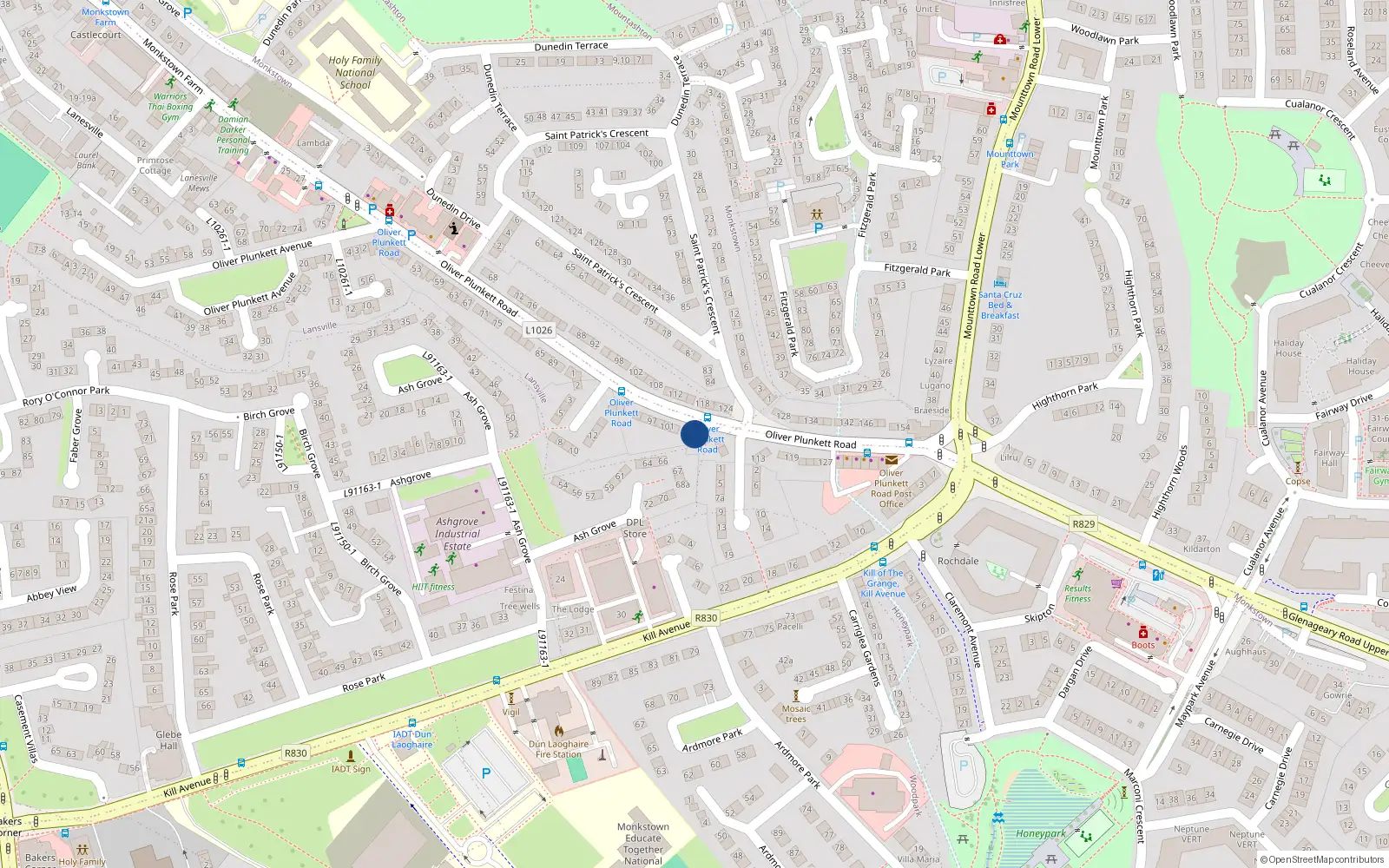 Overhead map showing the location of 107 Oliver Plunkett Road, Dun Laoghaire, Dublin