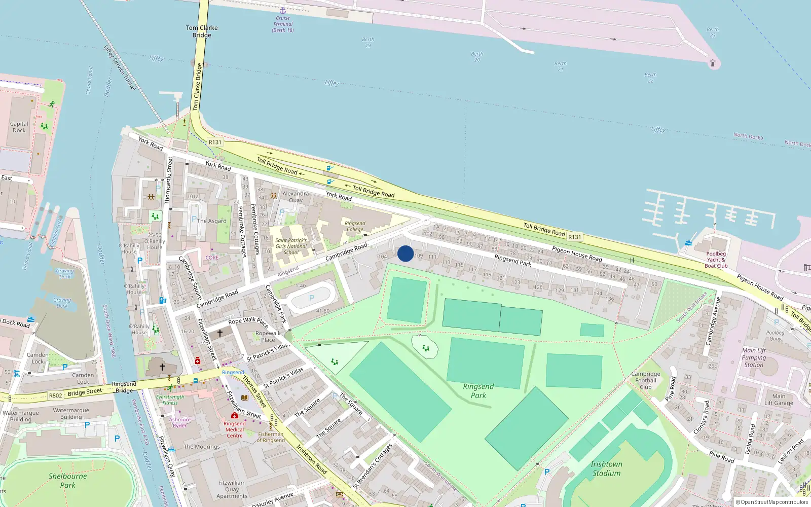 Overhead map showing the location of 107 Ringsend Park, Dublin 4