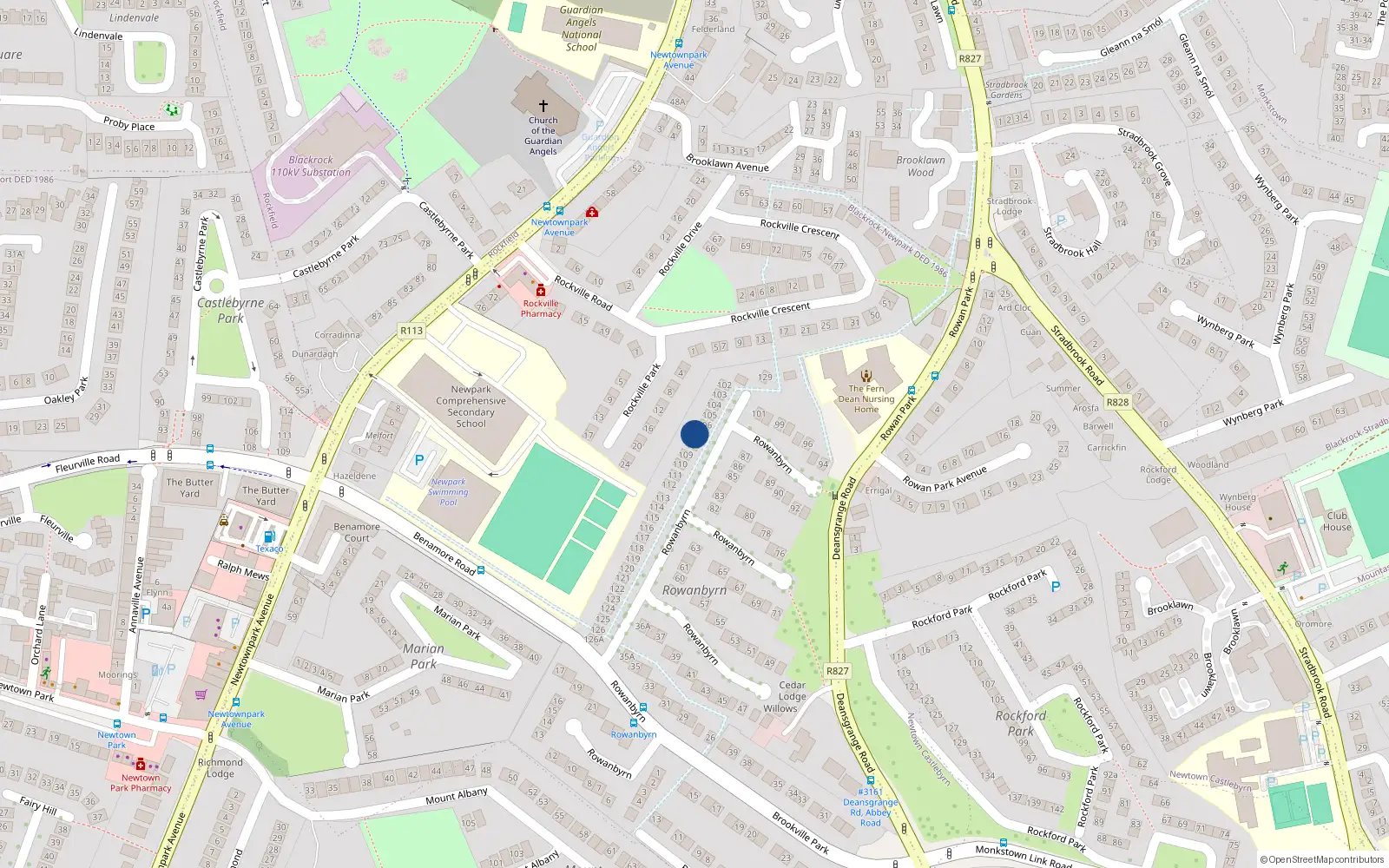 Overhead map showing the location of 107 Rowanbyrn, Blackrock, Dublin