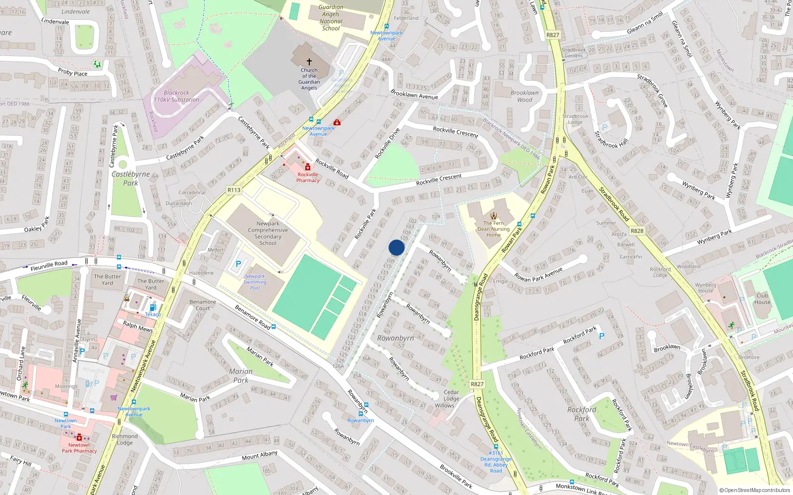 Overhead map showing the location of 107 Rowanbyrn, Blackrock