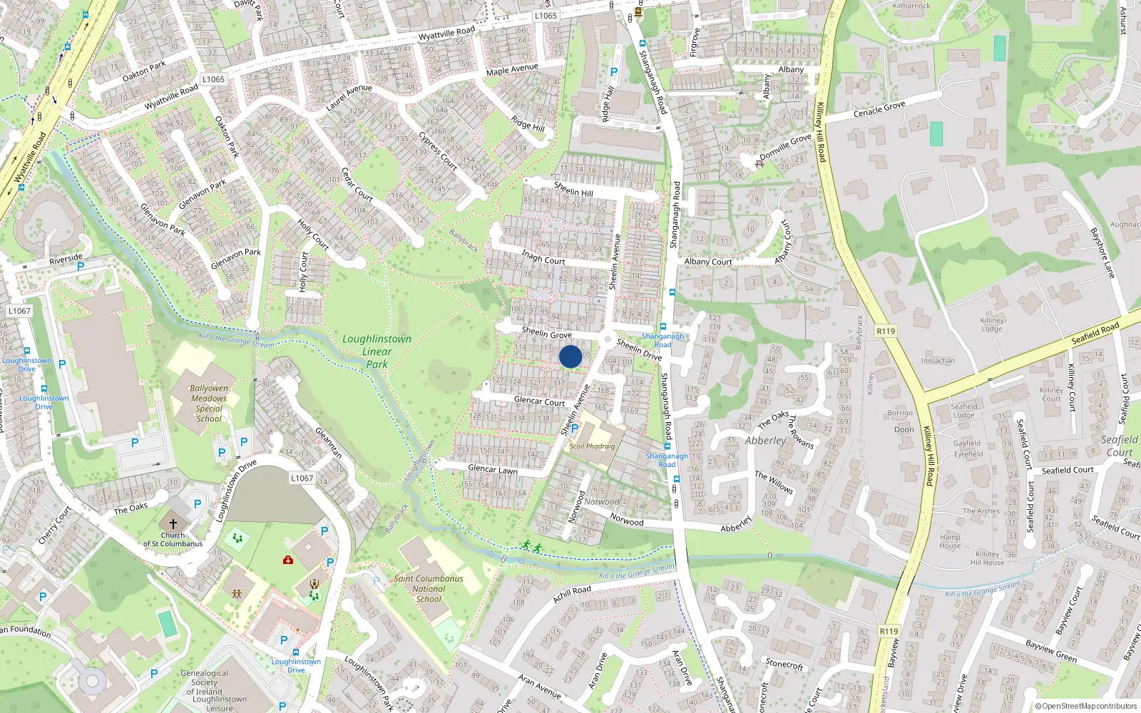 Overhead map showing the location of 107 Sheelin Grove, Ballybrack, Dublin