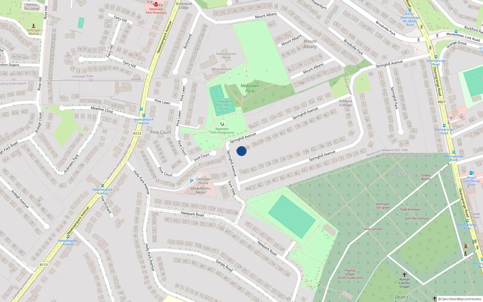 Overhead map showing the location of 107 Springhill Avenue, Blackrock