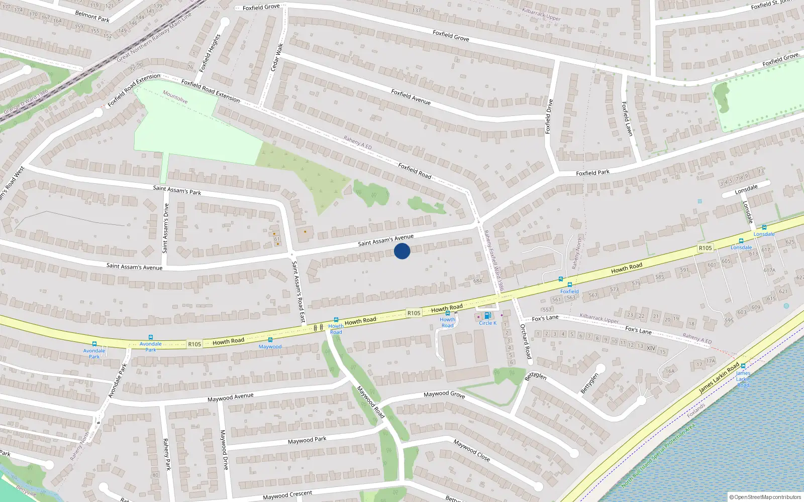 Overhead map showing the location of 107 Saint Assams Avenue, Dublin 5