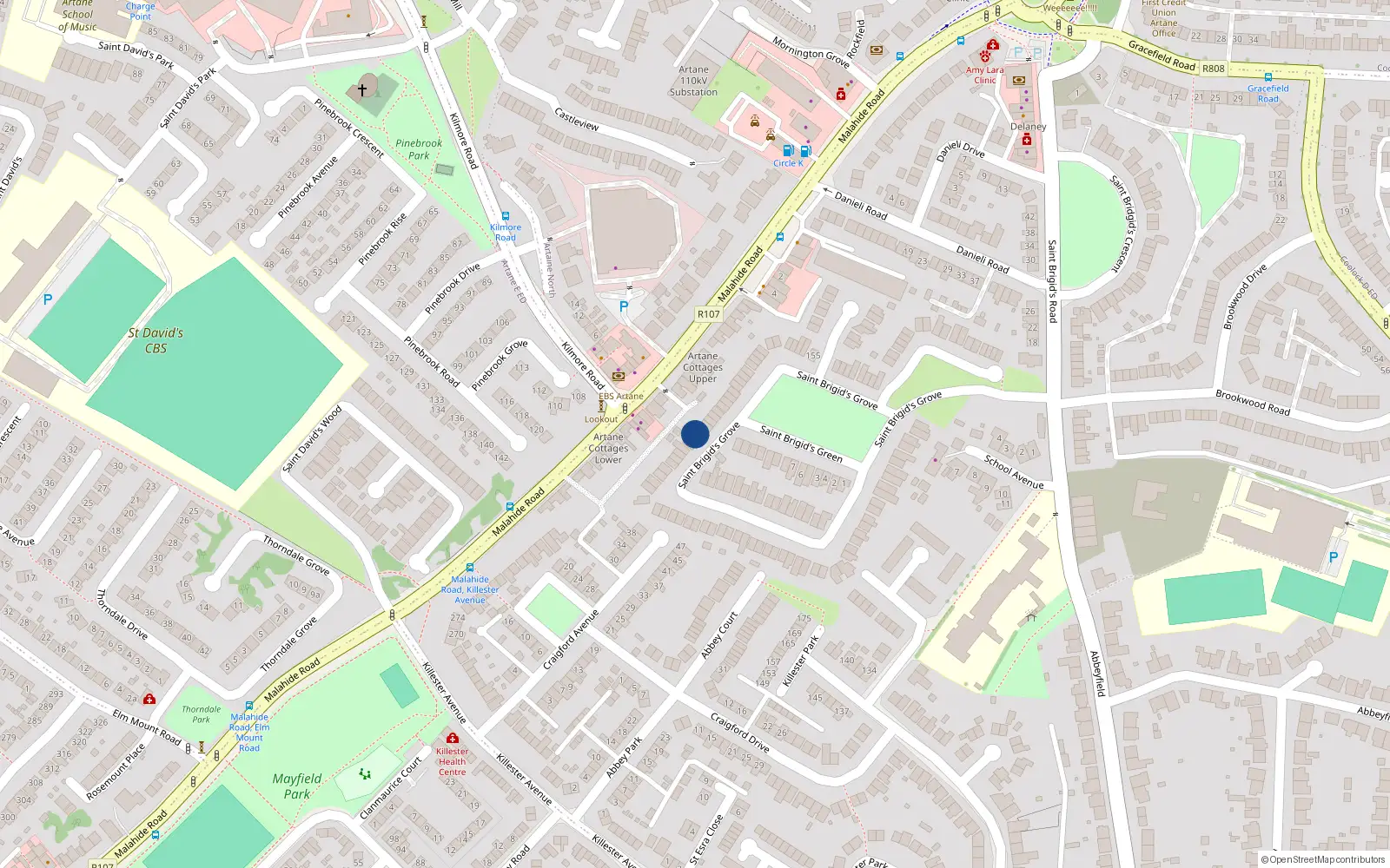 Overhead map showing the location of 107 St Brigids Grove, Killester, Dublin 5