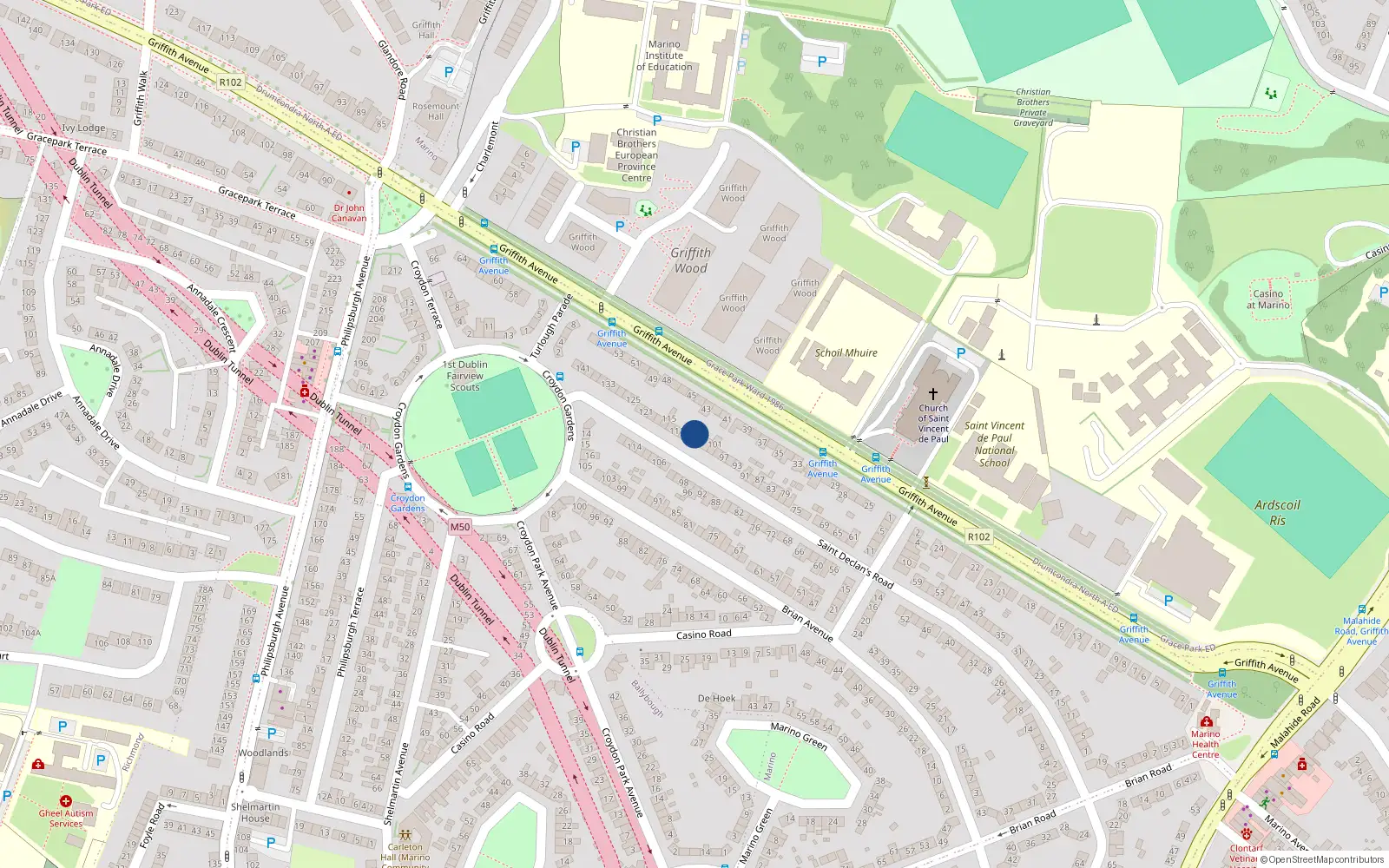 Overhead map showing the location of 107 St Declans Road, Marino, Dublin 3