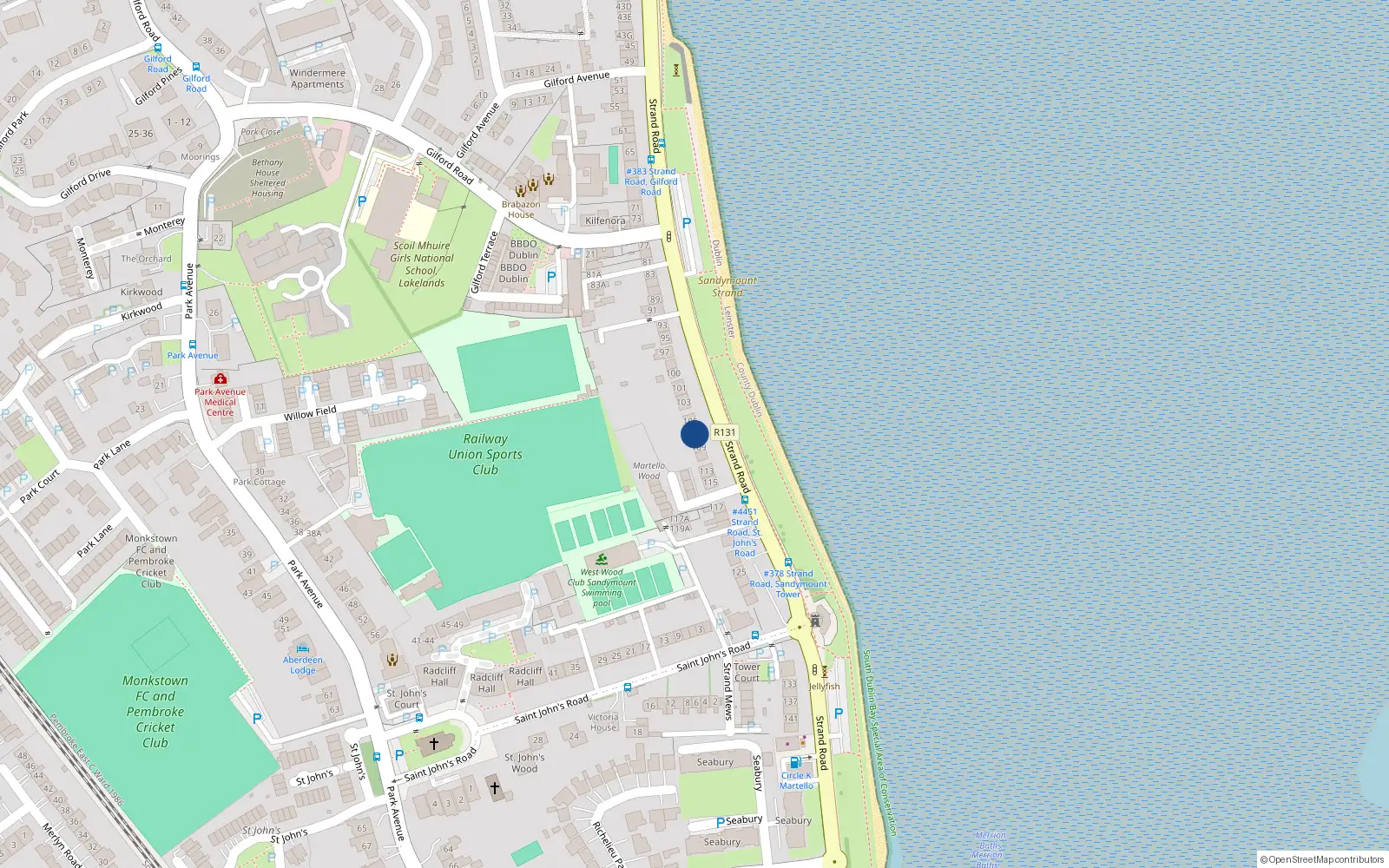 Overhead map showing the location of 107 Strand Road, Sandymount