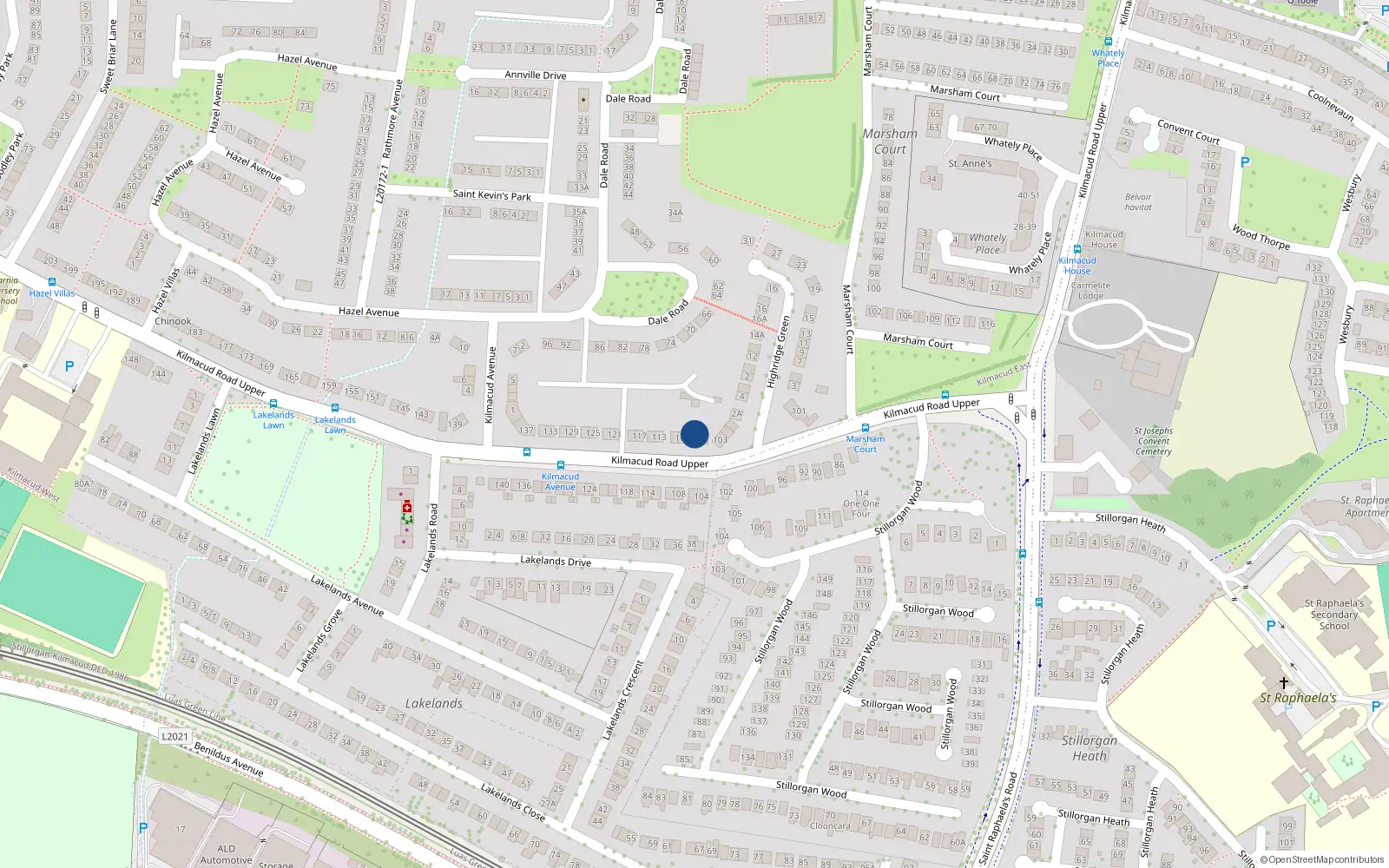 Overhead map showing the location of 107 Kilmacud Road Upper, Blackrock