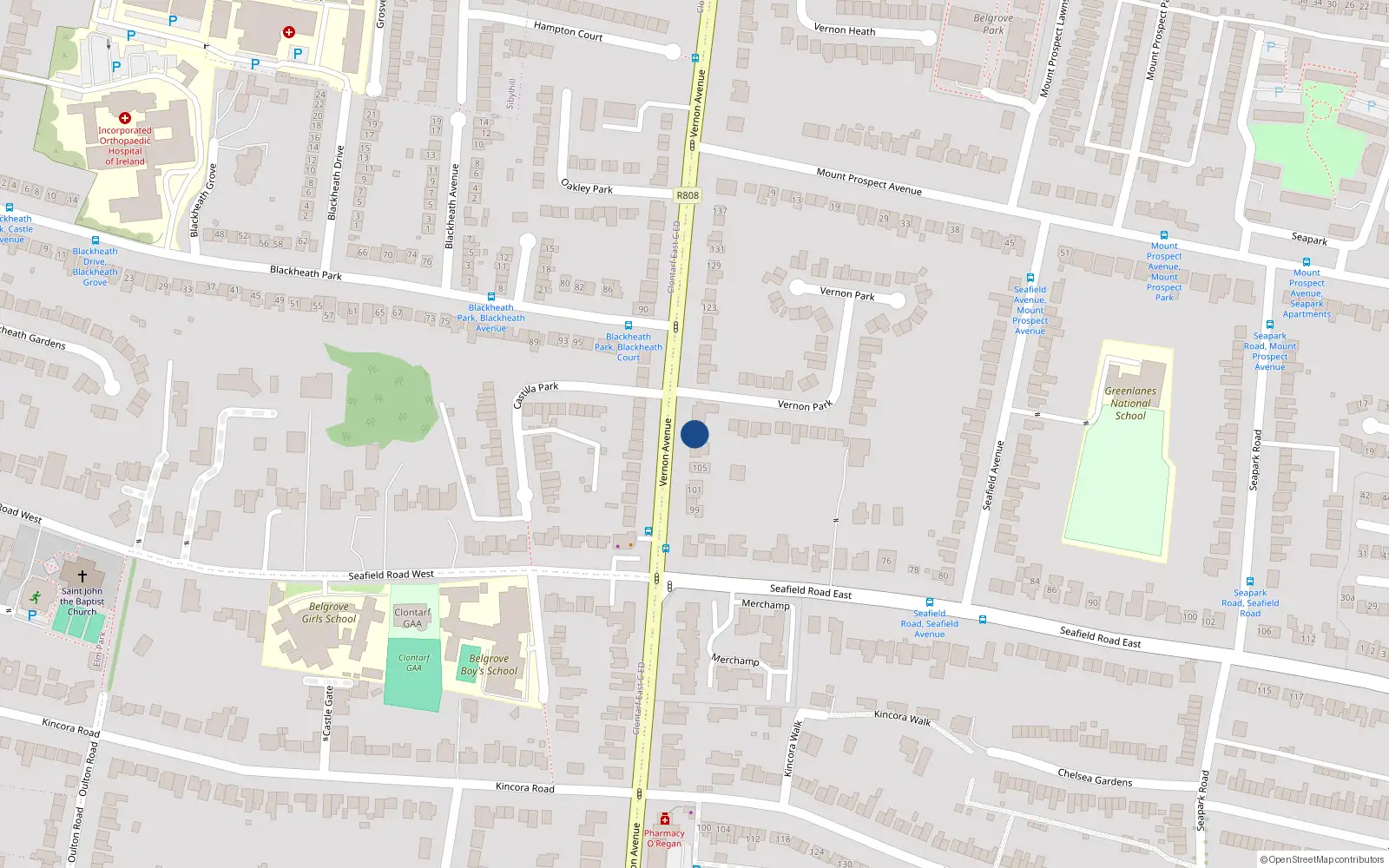 Overhead map showing the location of 107 Vernon Avenue, Clontarf, Dublin 3