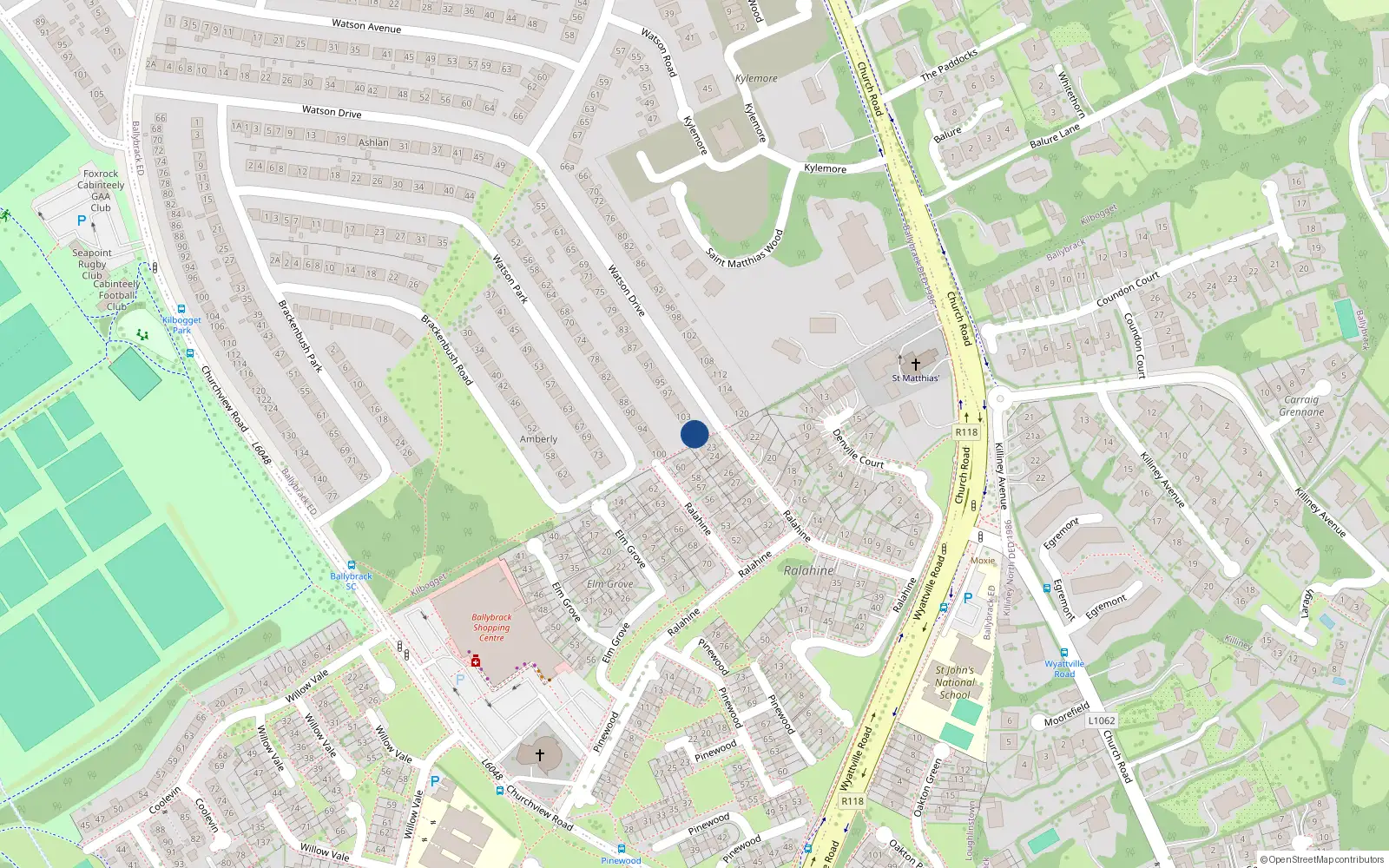 Overhead map showing the location of 107 Watson Drive, Killiney, Dublin