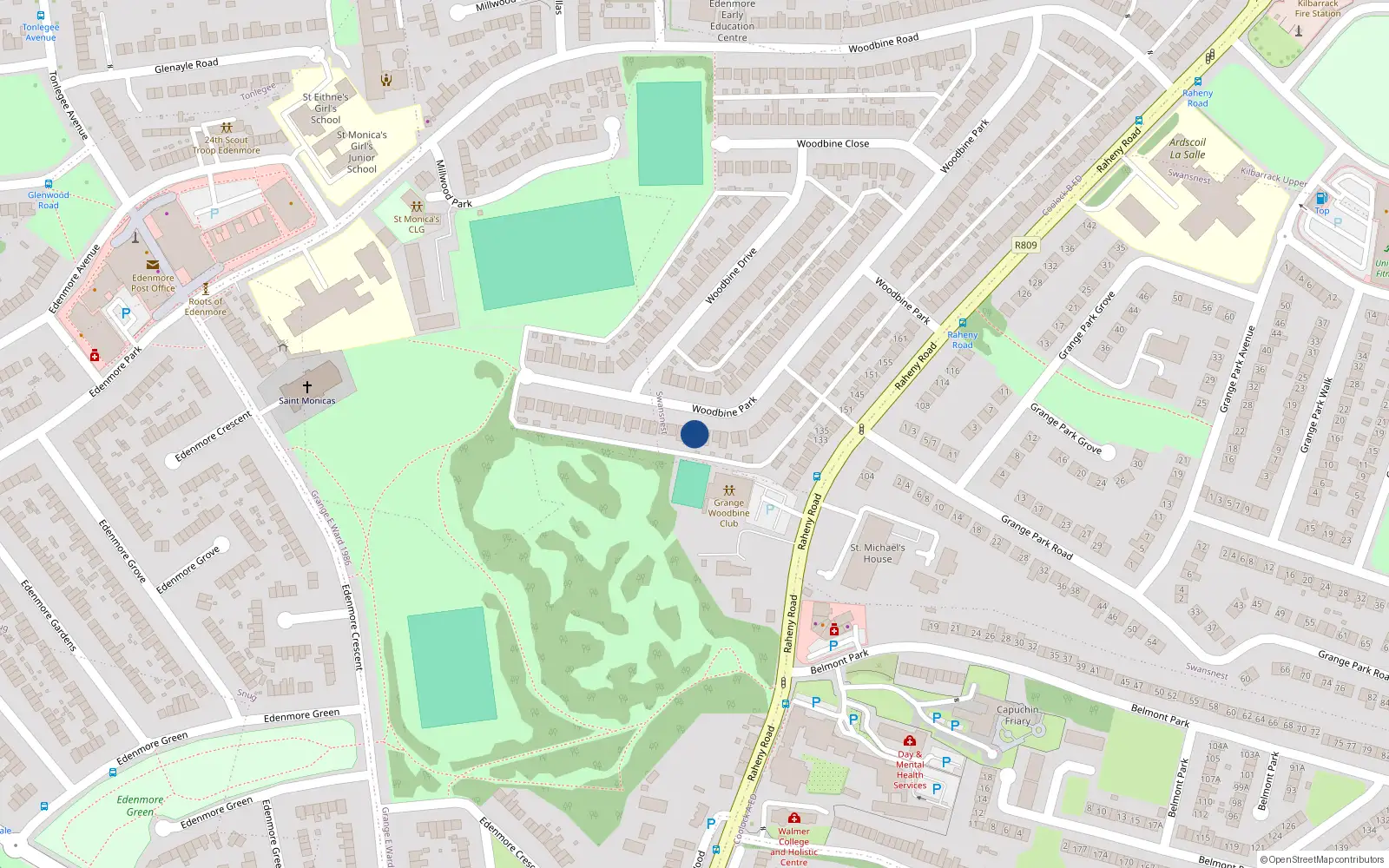 Overhead map showing the location of 107 Woodbine Park, Raheny, Dublin 5