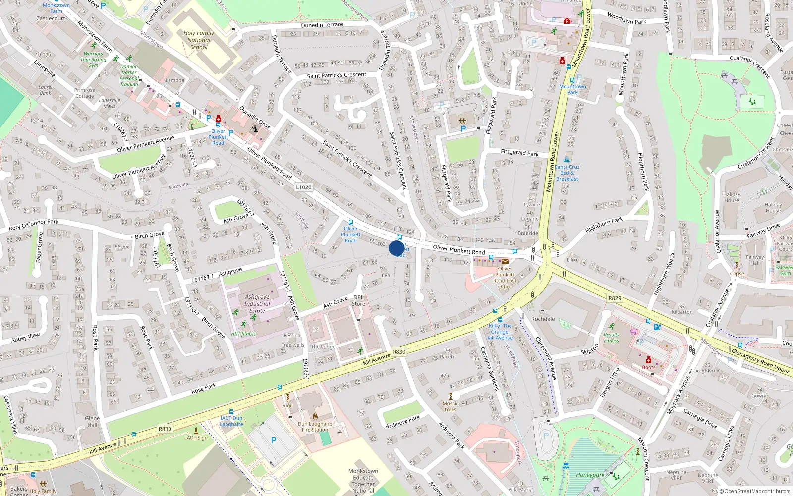 Overhead map showing the location of 107A Oliver Plunkett Road, Dublin