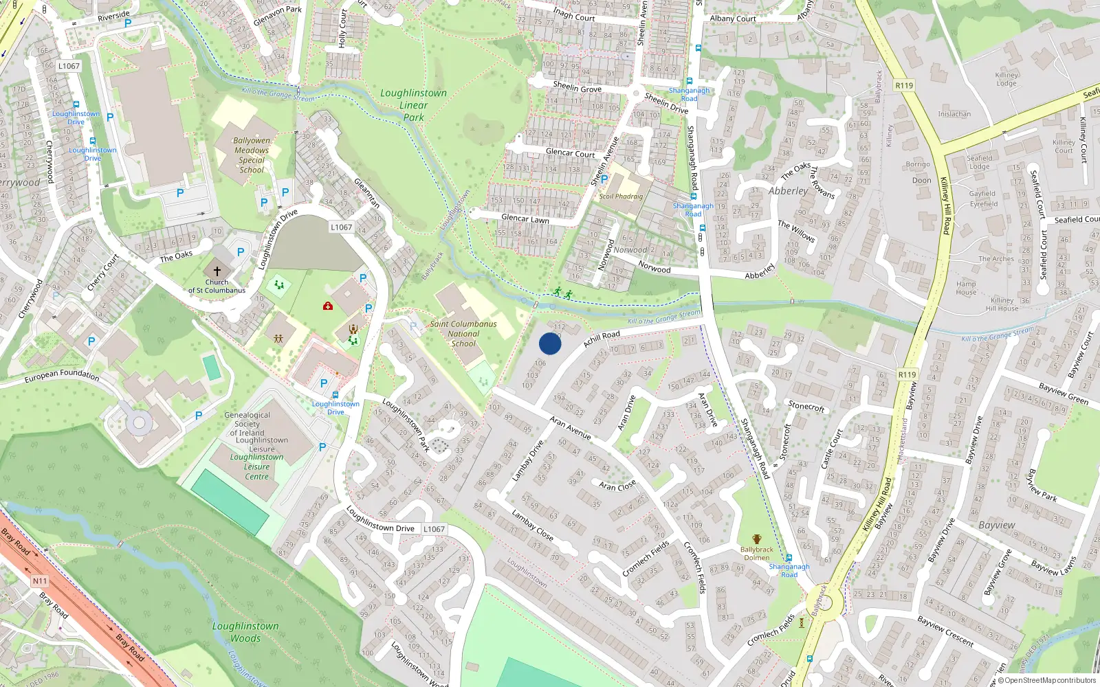 Overhead map showing the location of 108 Achill Road, Loughlinstown, Dun Laoghaire