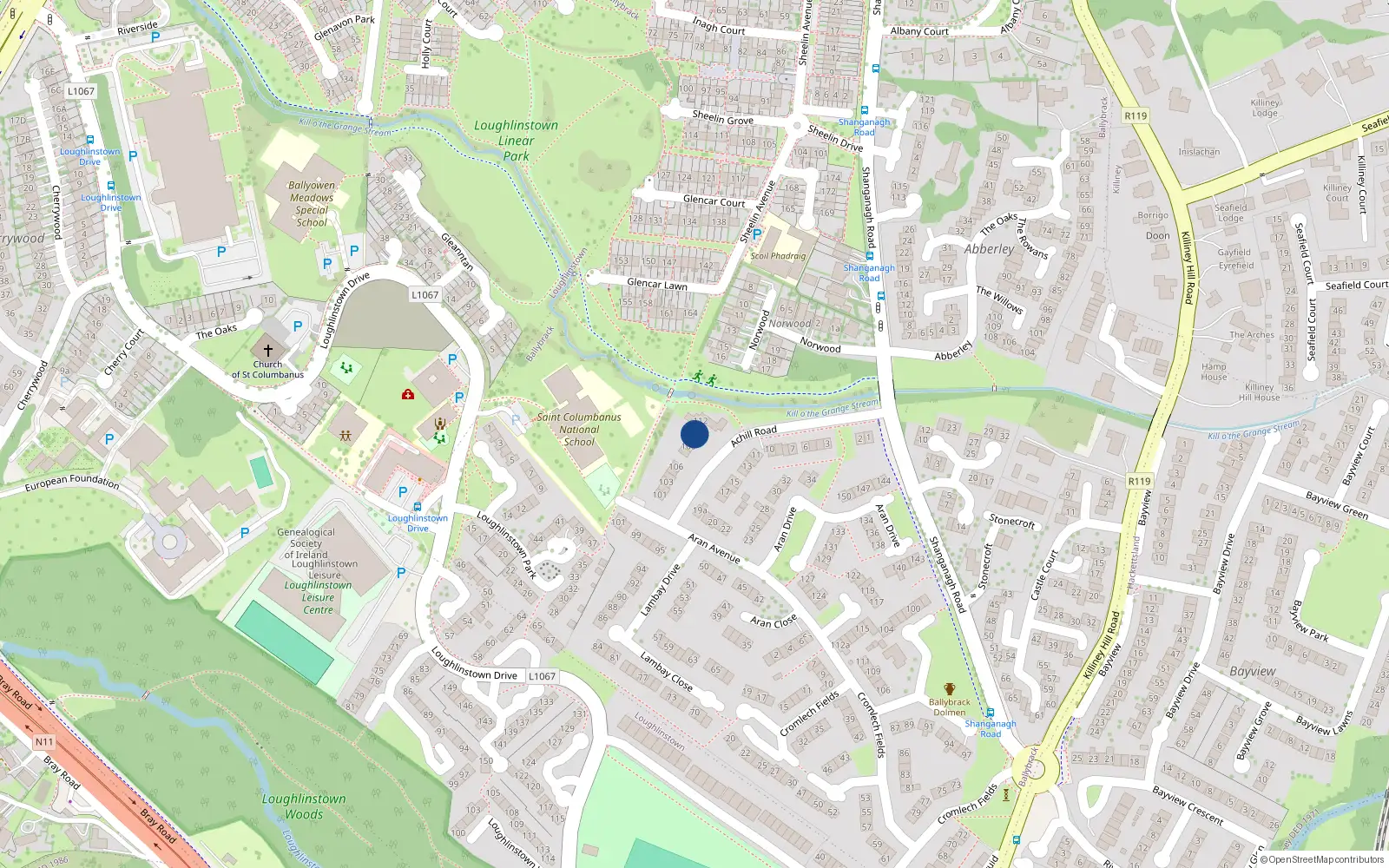 Overhead map showing the location of 108 Achill Road, Dun Laoghaire