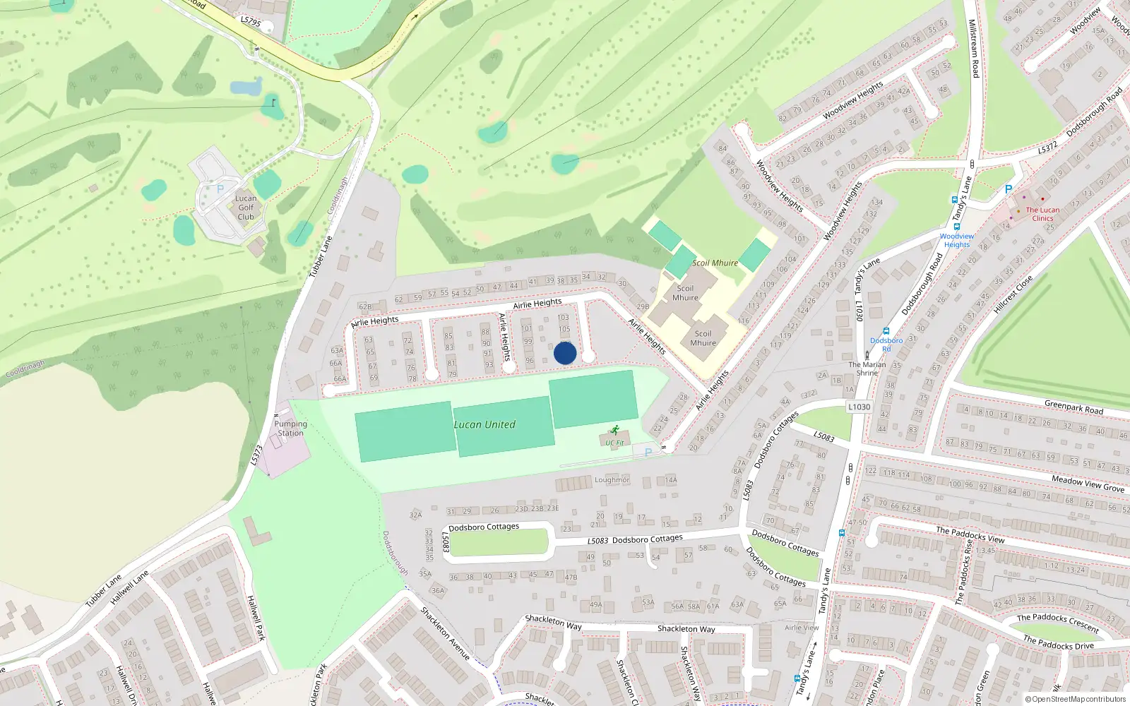 Overhead map showing the location of 108 Airlie Heights, Lucan