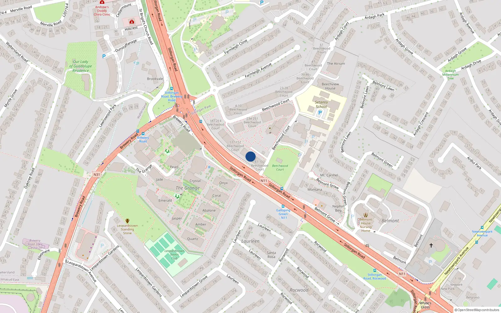 Overhead map showing the location of 108 Beechwood Court, Stillorgan, Dublin