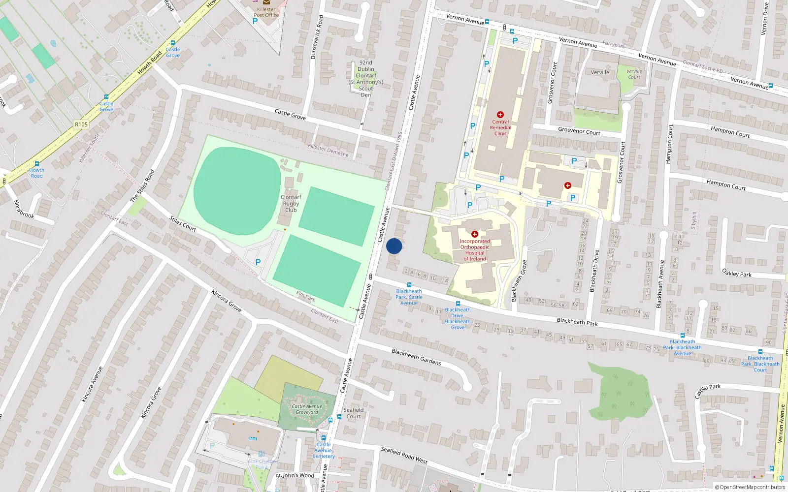 Overhead map showing the location of 108 Castle Avenue, Clontarf, Dublin 3
