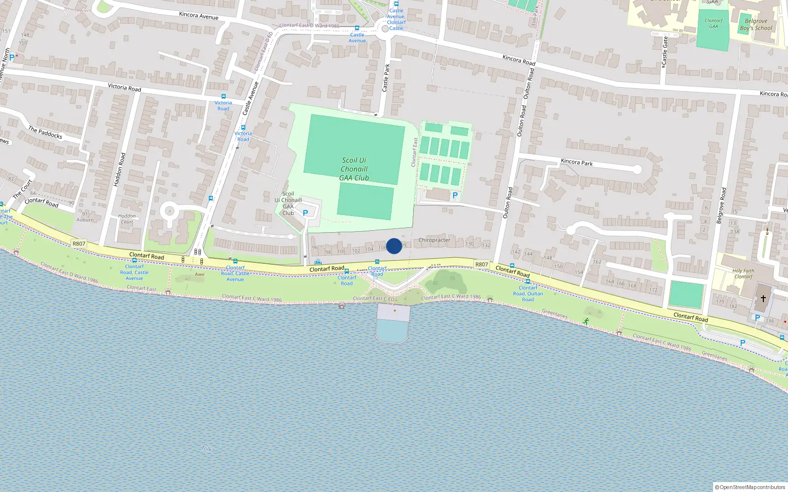 Overhead map showing the location of 108 Clontarf Road, Clontarf, Dublin 3