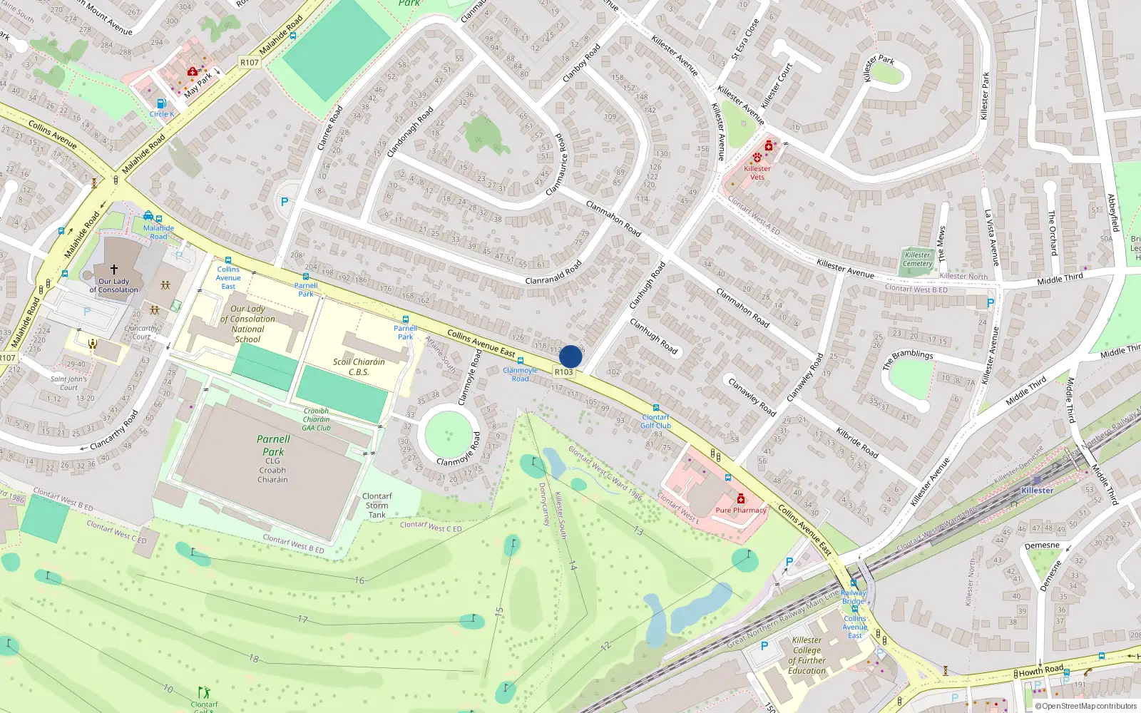 Overhead map showing the location of 108 Collins Avenue East, Dublin 5