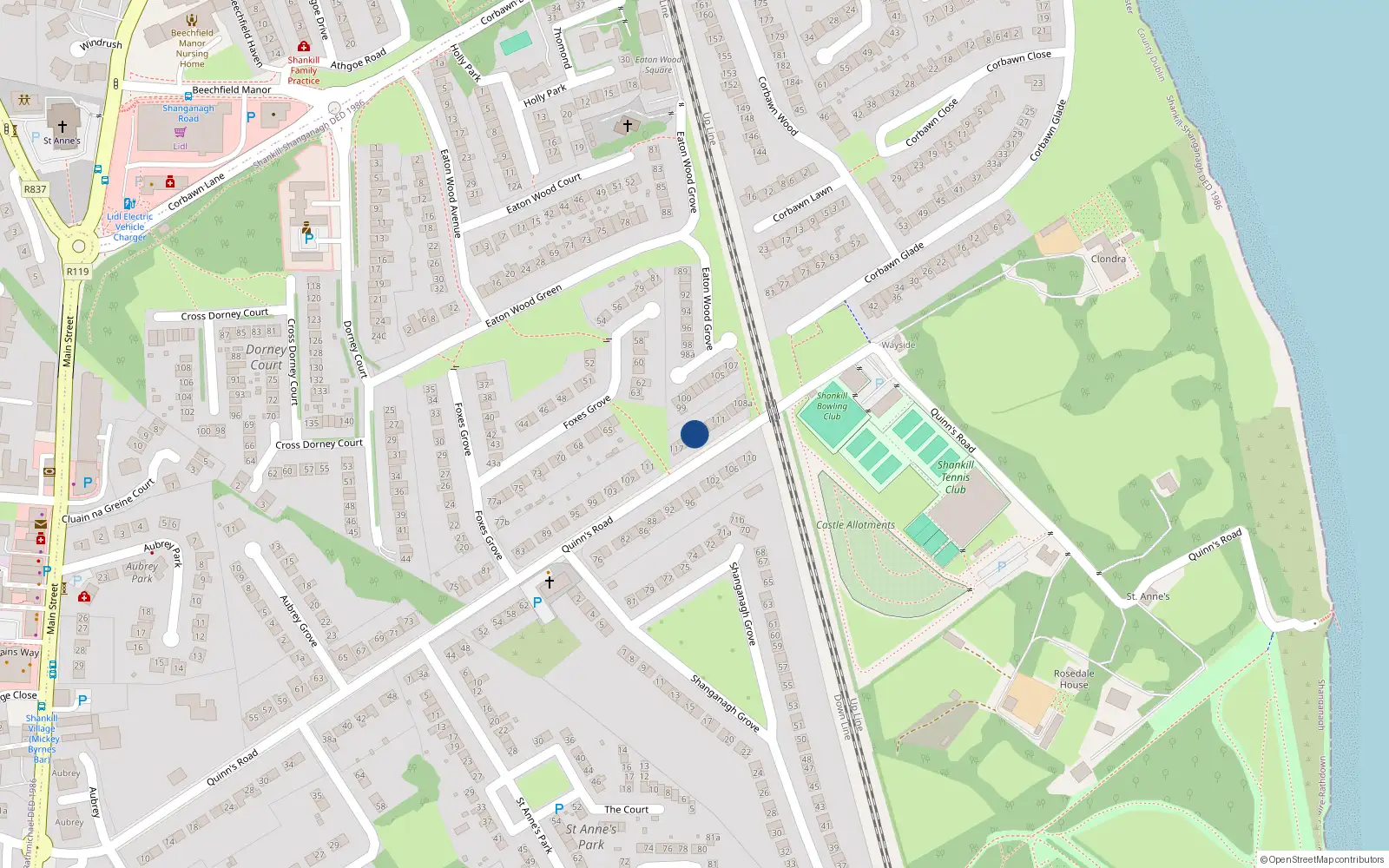 Overhead map showing the location of 108 Eatonwood, Quins Road, Shankill