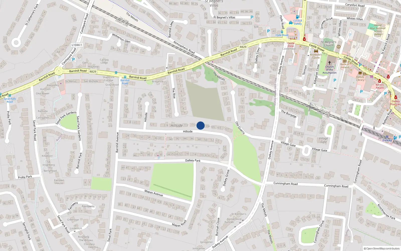 Overhead map showing the location of 108 Hillside, Dalkey, Dublin