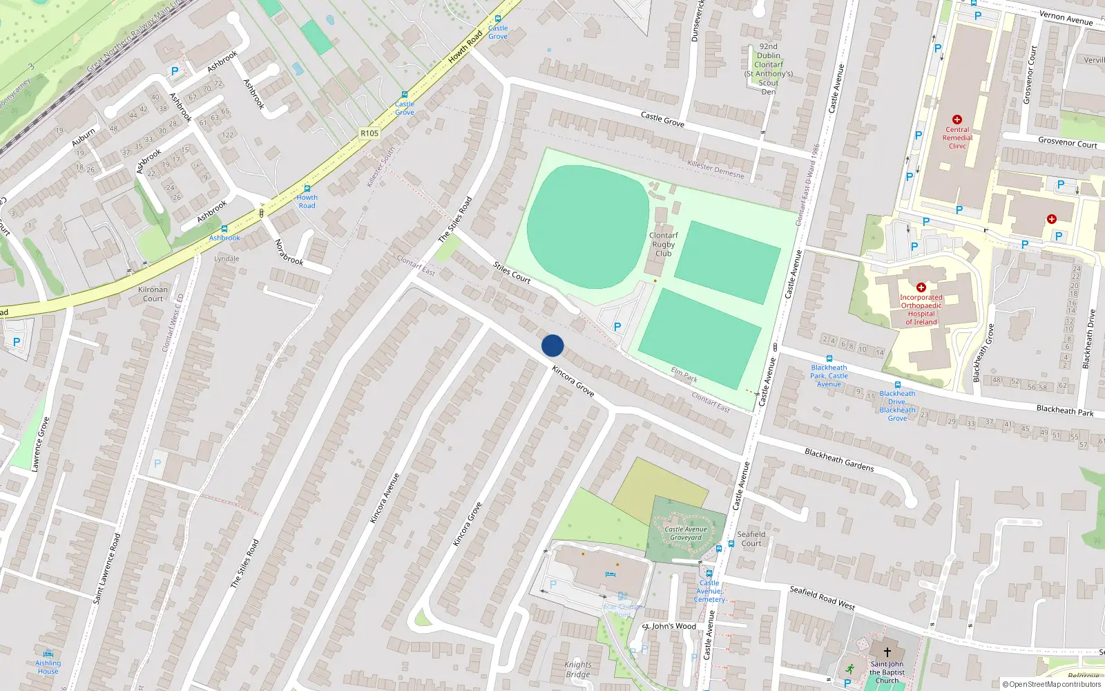 Overhead map showing the location of 108 Kincora Grove, Clontarf, Dublin 3