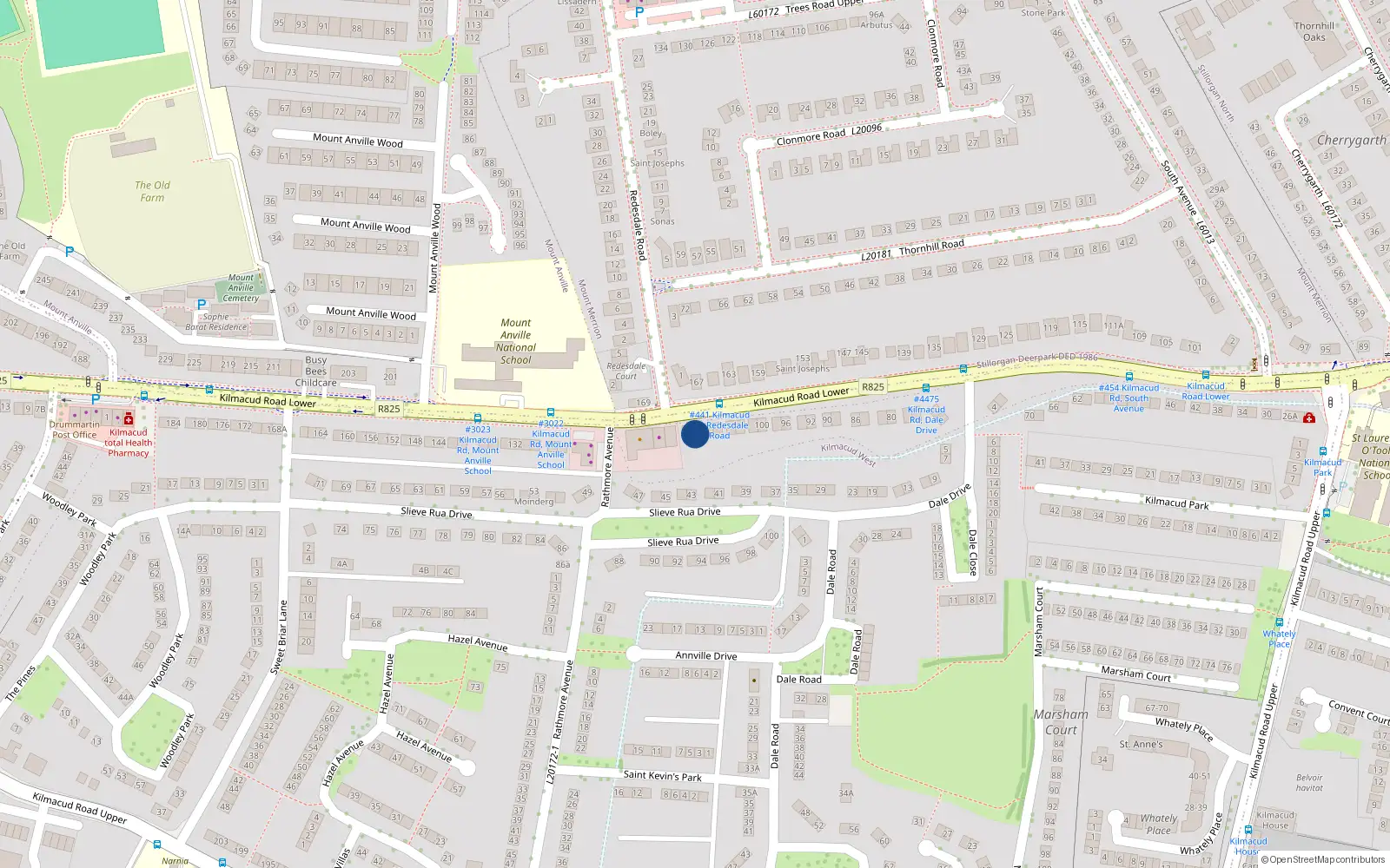 Overhead map showing the location of 108 Lower Kilmacud Road, Dublin